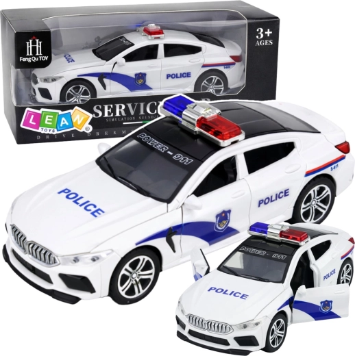 Police car with lights and sounds, opening doors, white