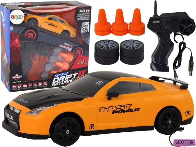 RC sports car 1:24 with interchangeable wheels – Yellow