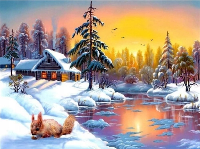Norimpex teemantmaal talvemaja järve ääres oravatega 30 × 40 cm