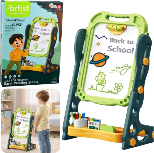 Double-sided magnetic board for kids, green, chalk and dry-erase, 52-piece set