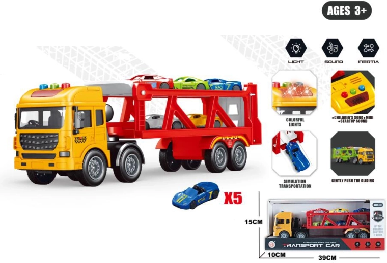 Heavy-duty tow truck with transporter and 5 toy cars