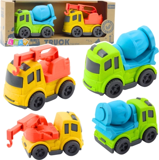 Bio-plastic toy car construction set – cement mixer and tow truck with hook