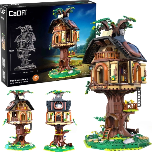 CADA Tree House Library ehituskomplekt – puumaja raamatukogu LED-tuledega, 1808 detaili