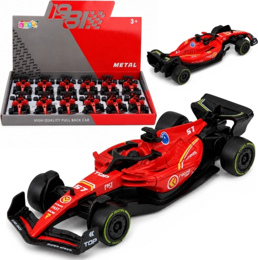 Metallist vormelistiilis võidusõiduauto pull-back vedruajamiga 1:43, punane