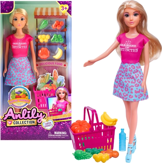 Doll with Shopping Basket and Fruit & Vegetable Shop