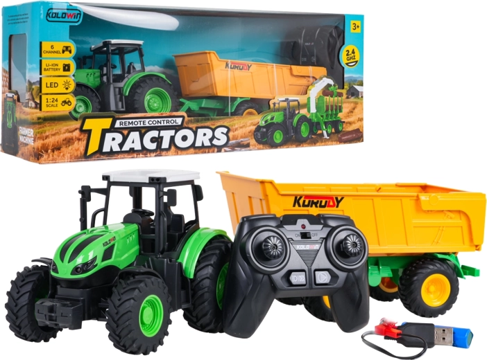 Kaugjuhitav traktor kollase kallutatava haagisega, 1:24