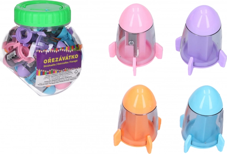 Sharpener with shavings container and eraser – spaceship