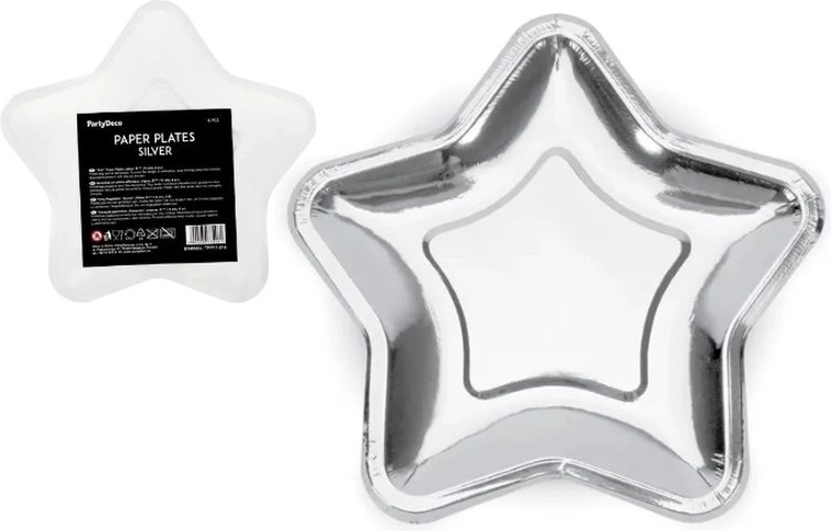 Star-shaped silver paper plates 18 cm (6 pcs)