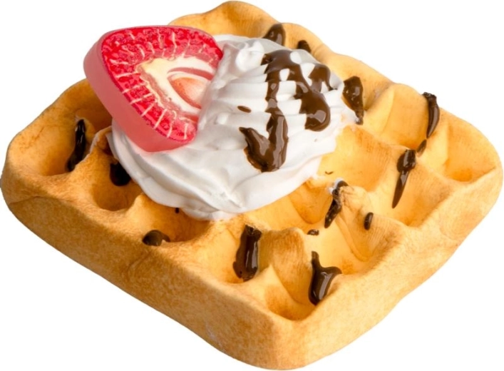 Model realistic waffles with cream and strawberries