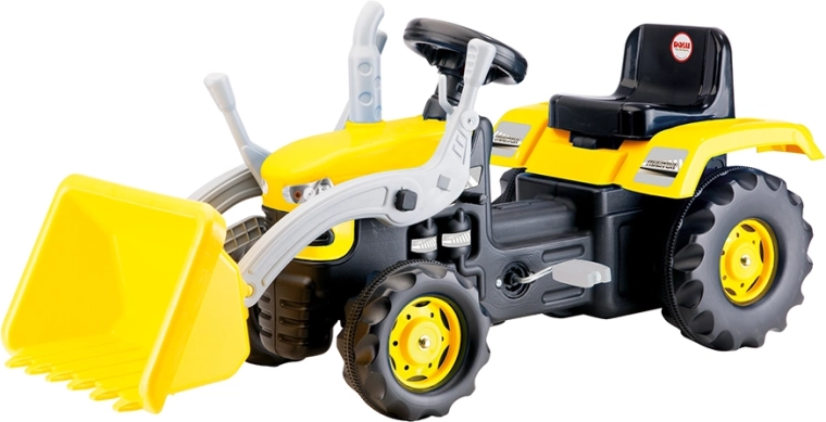 Suur pedaaltraktor ekskavaatoriga, kollane