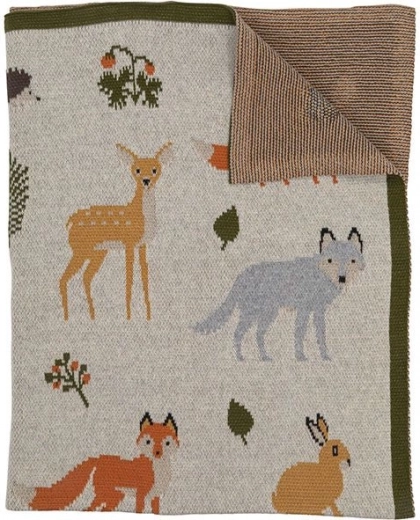 Children’s knitted organic cotton blanket forest animals 82 × 104 cm
