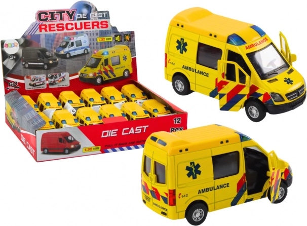 Ambulance model 1:32 with opening doors and light and sound effects - yellow