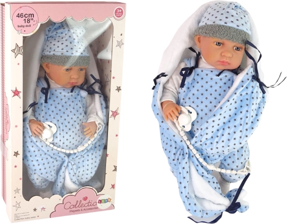 Realistlik beebinukk 46 cm sinise teki ja lutiga