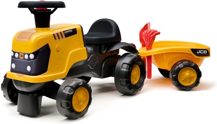 Ride-on tractor JCB Fastrac with trailer, shovel and rake 1–3 years