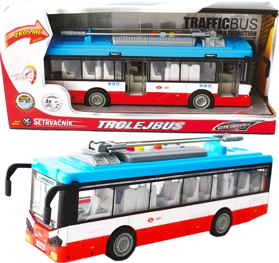 Linna trollibuss hoorattaga, tulede ja helidega – punane