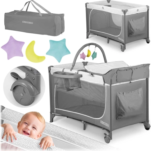 Travel baby crib 2-in-1 with mattress and changing table, gray