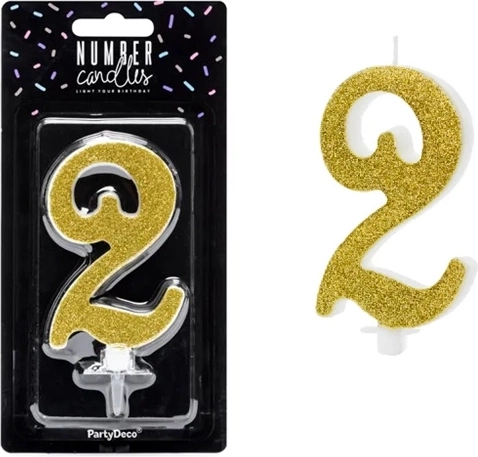 Birthday candle number 2, gold, 10 cm - 1 piece
