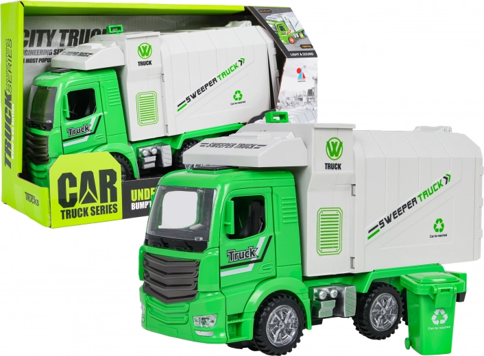 Green garbage truck with lights and sounds