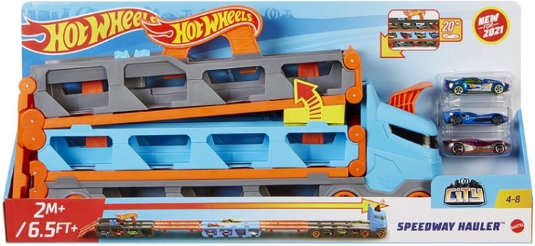 Hot Wheelsi 2-ühes võistlustransporter rajaga 1,8 m ja hoiuruumiga 20 autole