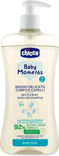 Chicco õrn šampoon juustele ja kehale Baby Moments, 92% looduslikke koostisosi, 500 ml