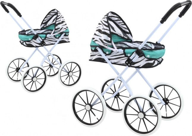 Doll stroller with folding canopy, large wheels, zebra pattern – turquoise