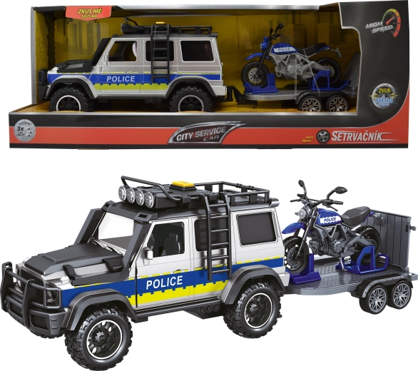 Politseiauto haagise ja mootorrattaga 1:14, heli- ja valgusefektidega