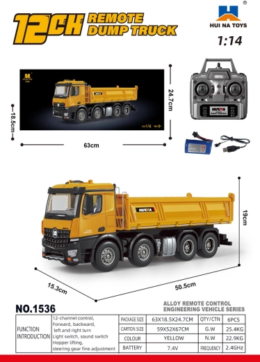 Remote-Controlled Yellow Dump Truck 1:14