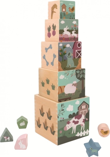 Stacking Wooden Tower with Blocks Farm 2Kids Toys