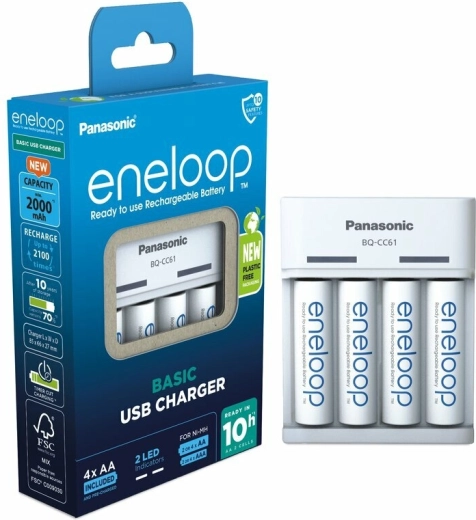 Panasonic Eneloop EKO USB-laadija BQ-CC61 + AA laetavad akud 2000 mAh (4 tk)