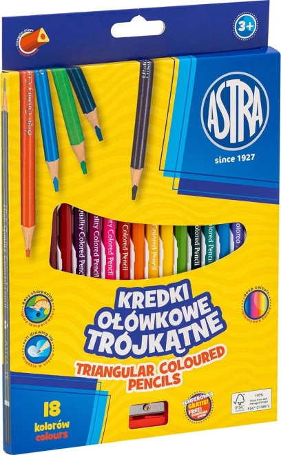 Astra kolmnurksed värvipliiatsid 18 tk koos teritajaga