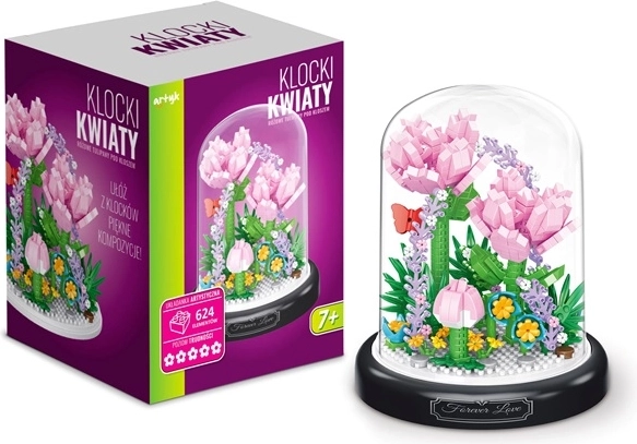 Pink Tulip Flower Building Set Under a Transparent Dome (624 Pieces)