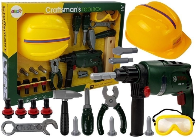 Set of Children's Workshop Tools with Drill, Safety Goggles, and Helmet