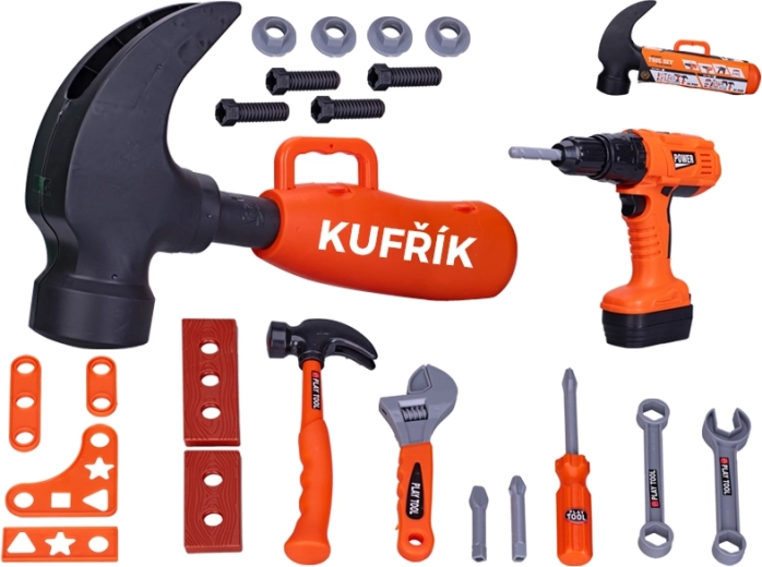 Children's tool set with cordless drill in a hammer-shaped case
