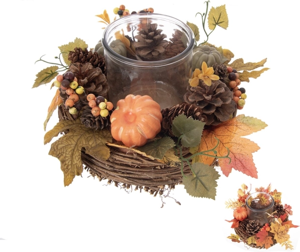 Autumn rattan and glass candle holder, diameter 21 cm (2 variants)