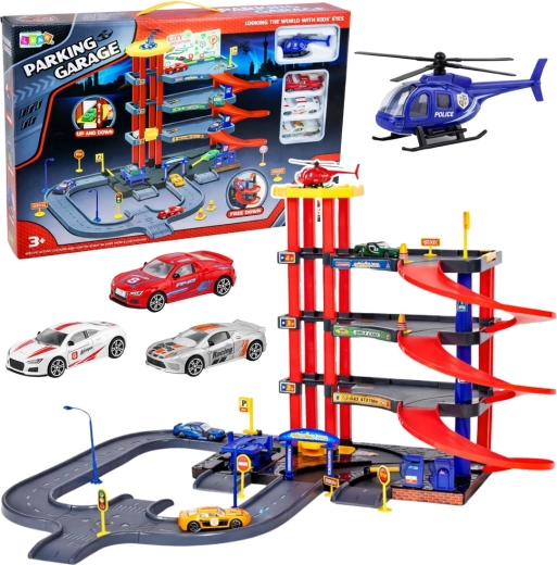 kids’ multi-level parking garage 4 floors with elevator and helipad, 70 pieces