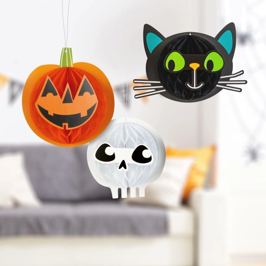 Halloween paper hanging lantern set with pumpkin, cat and skull
