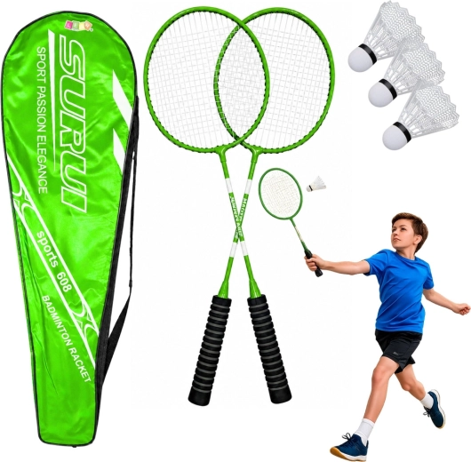 Green badminton set: 2 rackets, 3 plastic shuttlecocks and a bag