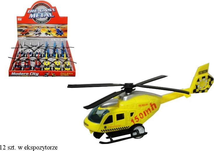 Metal-plastic rescue helicopter with pull-back drive