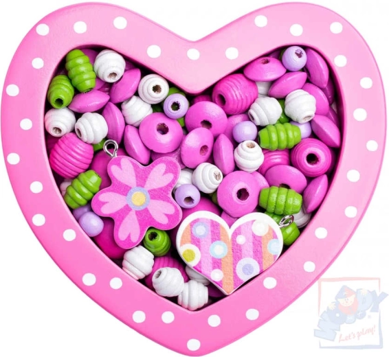 WOODY wooden threading beads in a pink heart