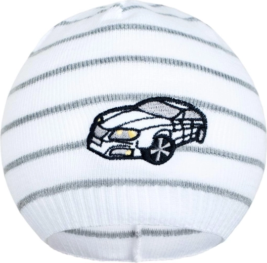 New Baby spring hat with car, white/dark gray