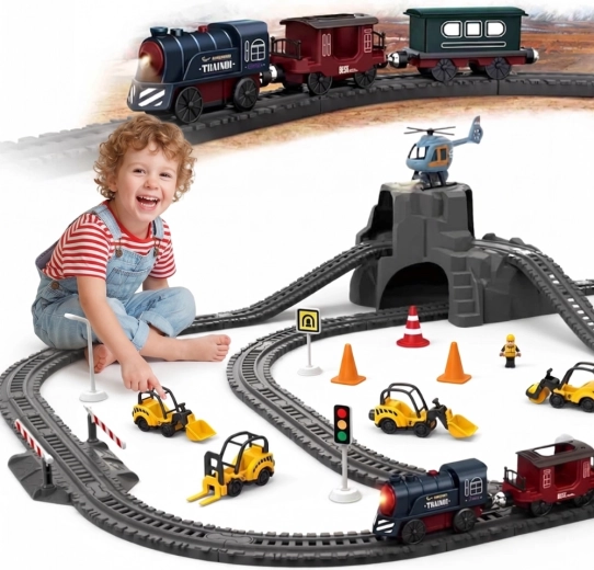 Woopie electric retro train set with locomotive and 2 carriages, 76 pieces
