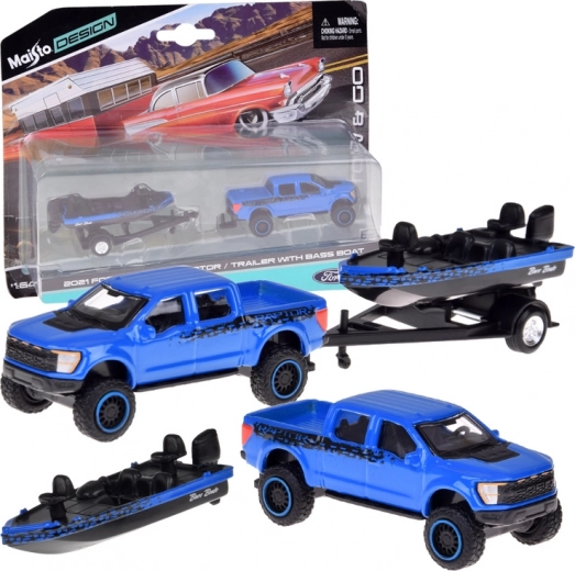 Maisto metallmudel 1:64 – Ford F-150 SVT Raptor koos haagisel oleva paadiga