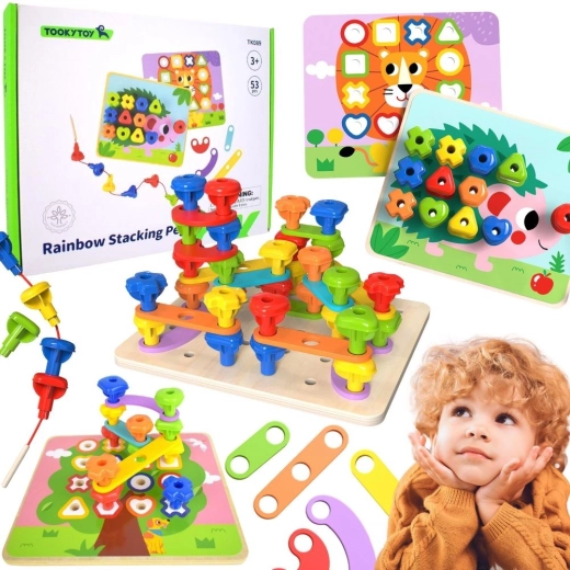 TOOKY TOY Montessori multifunktsionaalne motoorikalaud värviliste kruvidega