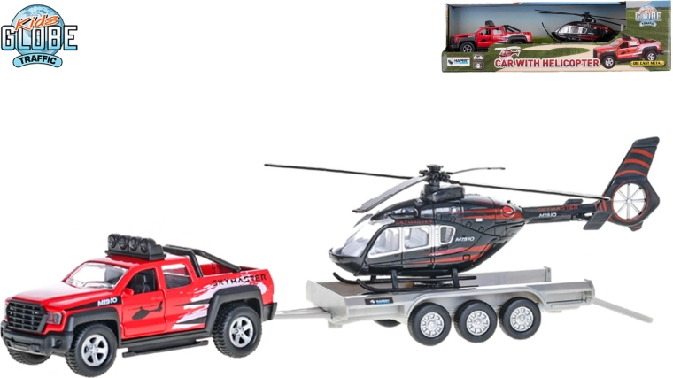 Kids Globe Traffic off-road car with trailer and helicopter with pull-back drive