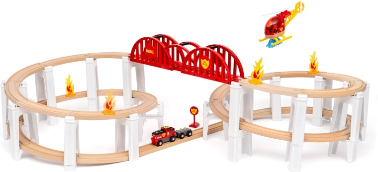 Brio World Mega Spiral – wooden train set with bridge, firefighting accessories and helicopter