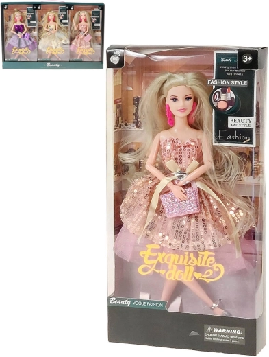 Fashion doll blonde in glittery ball gown with handbag and earrings - 1 piece