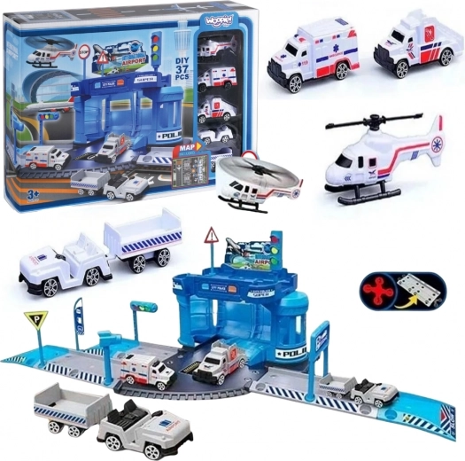 Woopie themed set airport police station with cars and helicopter, 37 pieces