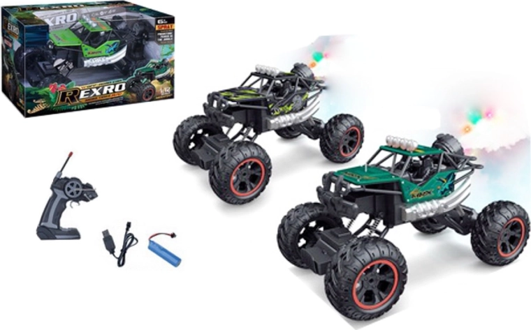 Remote-controlled off-road car with large wheels, lights and a smoke effect