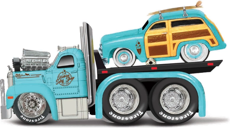 Maisto Muscle Transports 1953 Mack B-61 platvormveok koos 1950 Ford Woodyga 1:64