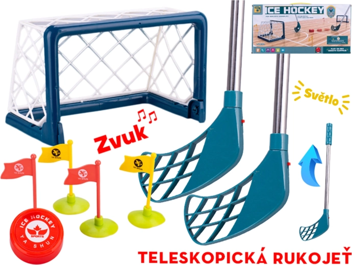 Laste hokikomplekt väravatega, teleskoopiliste hokikeppide ja valgusefektidega
